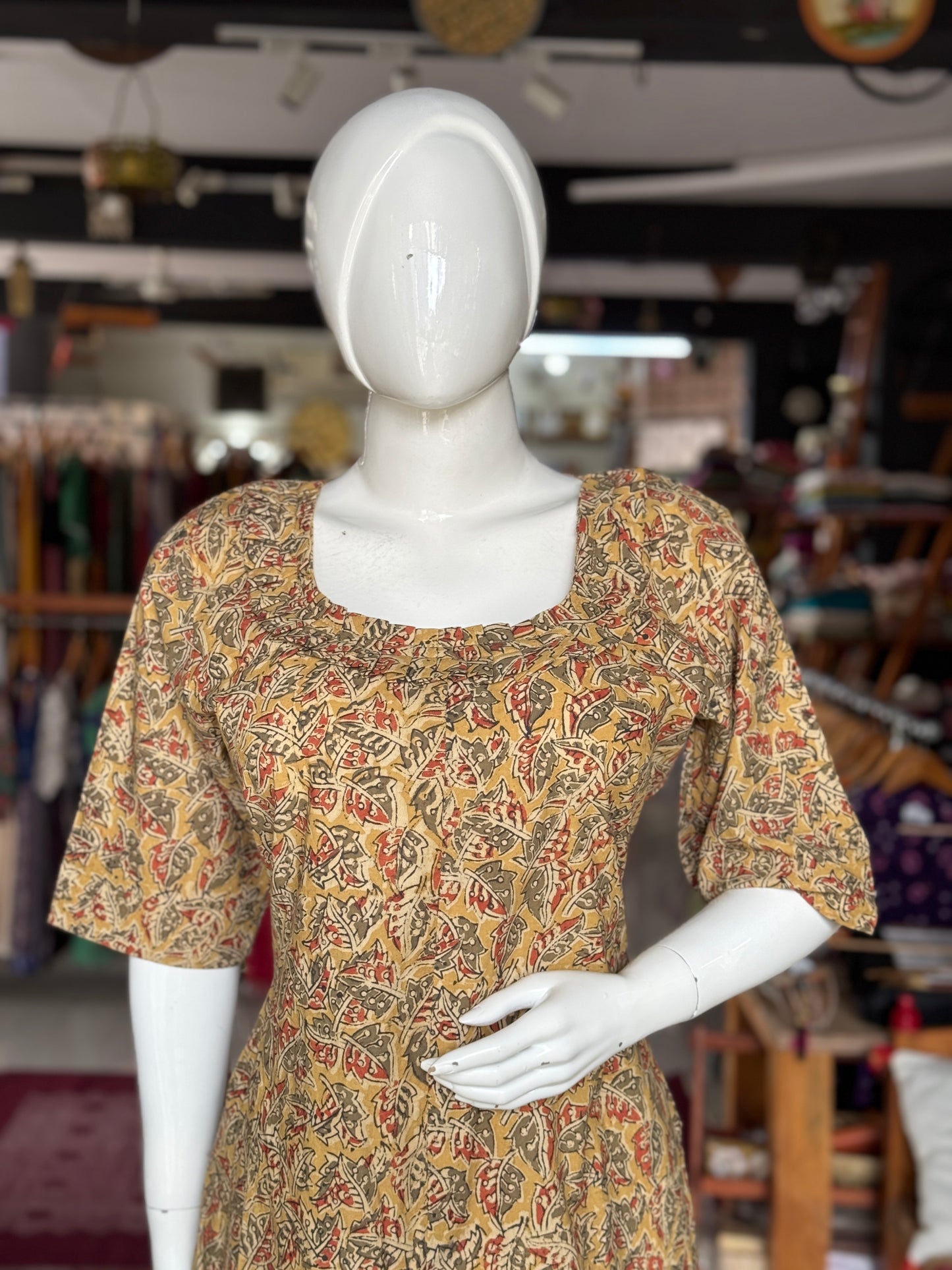 Kalamkari hand block printed cotton straight kurti with fancy neckline