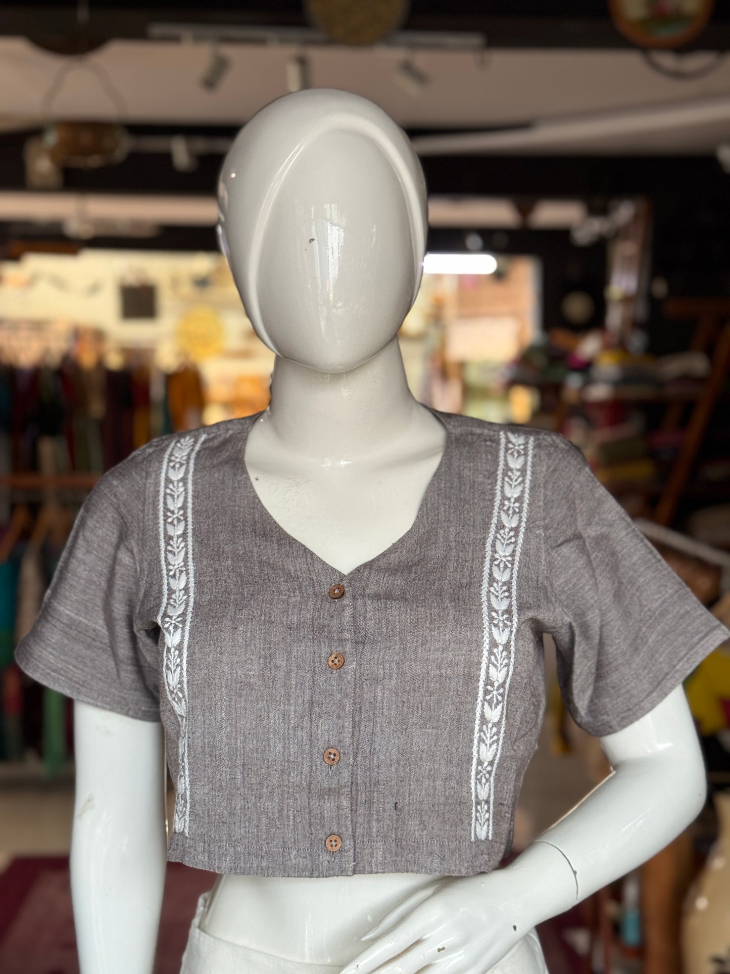 Crop top / blouse - Chikankari hand embroidered handwoven cotton, 2 parallel lines embroidery