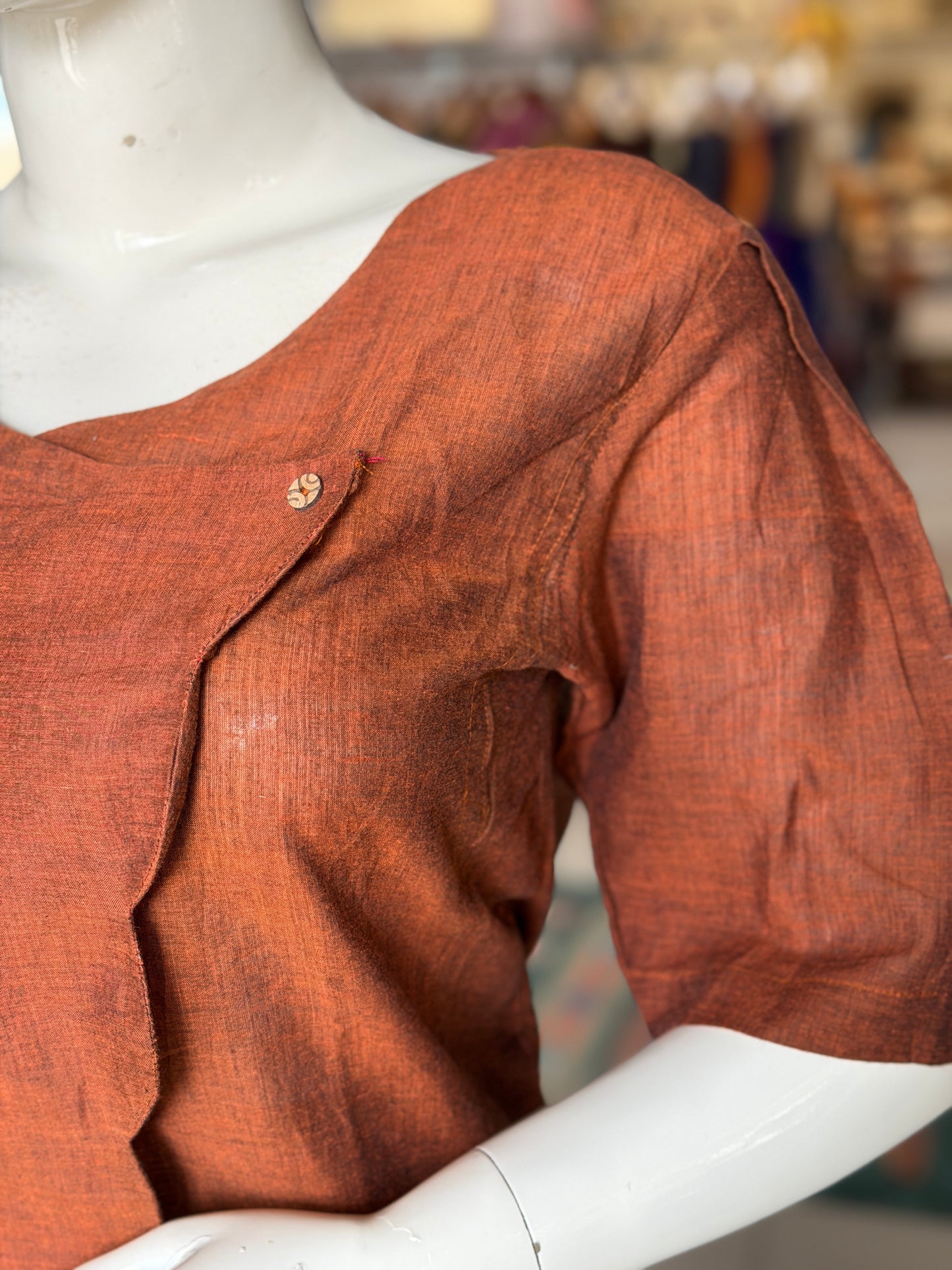 Brown soft mul handwoven cotton top with one side scallop cross panel