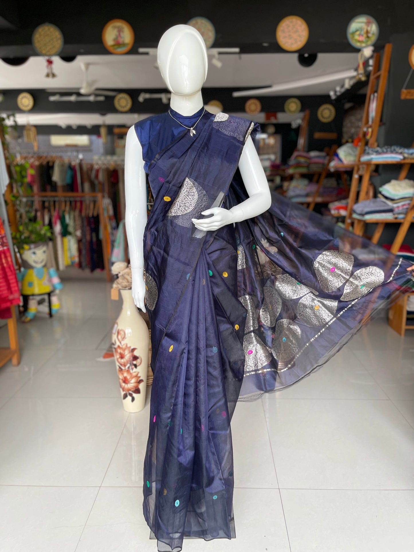 Navy blue Chanderi katan silk handwoven saree with big silver ball butis and colourful round butis