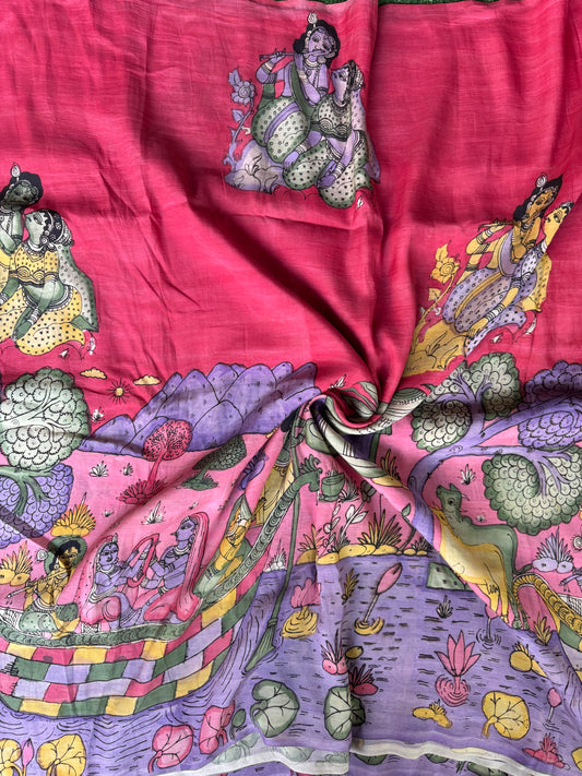 Pen Kalamkari hand painted Chennuri silk fabric - multiple designs available