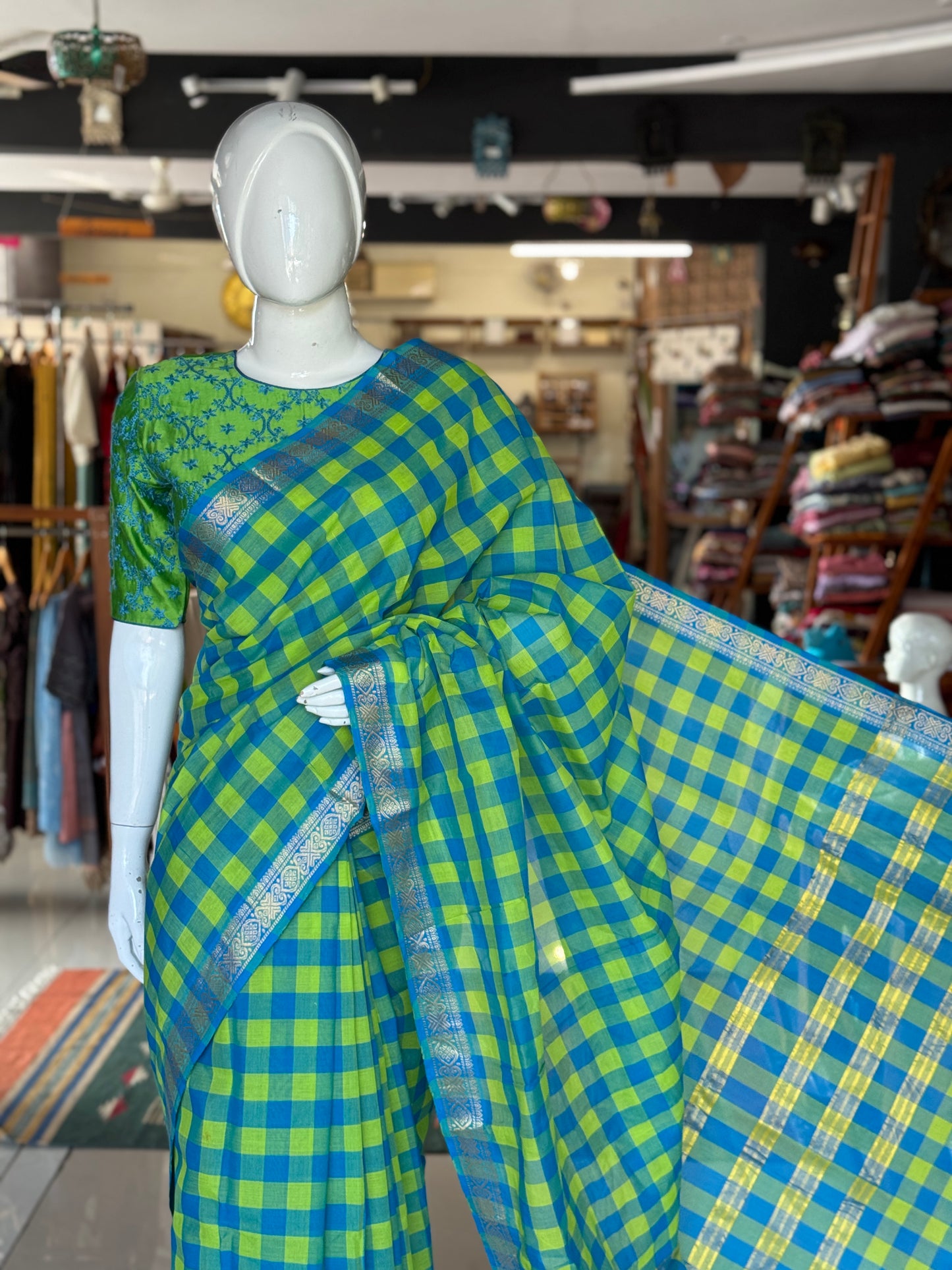 Blue green checks Chettinad cotton handloom saree