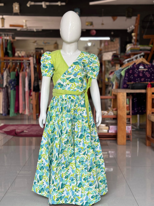 Blue green hand block printed cotton lehenga skirt and wrap top - 2 piece set for girls