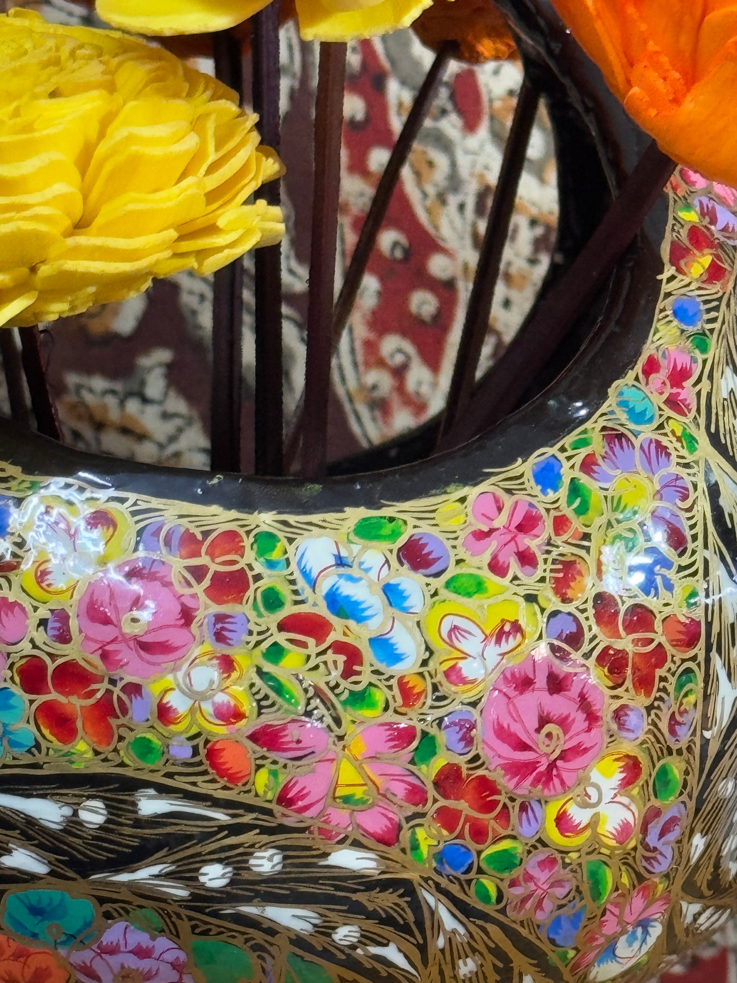 Flower basket in hand painted papier mache art - black