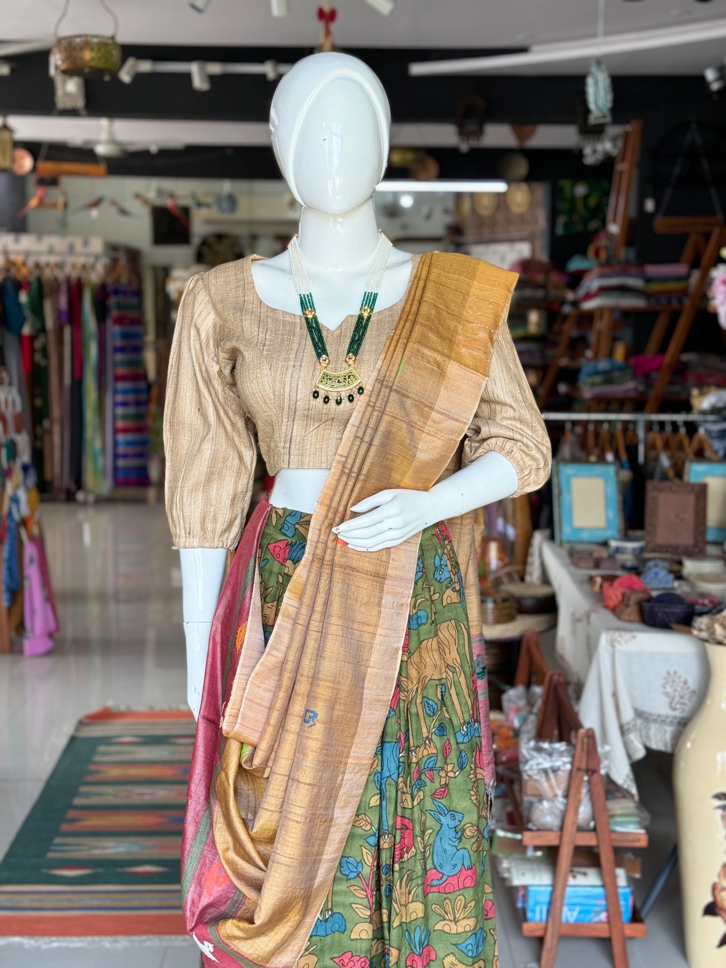 Golden yellow and red hand woven pure tussar silk dupatta with diya motifs