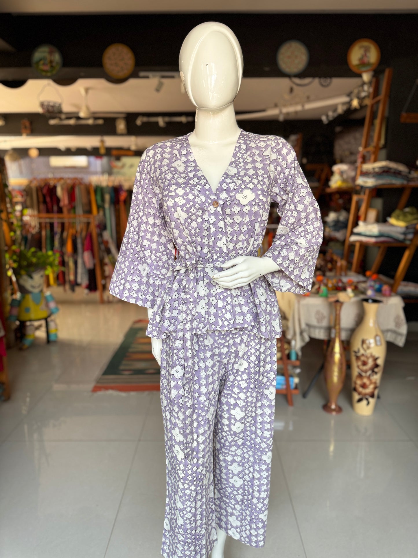 Lavender grey hand block printed cotton coord set with wrap top and pants