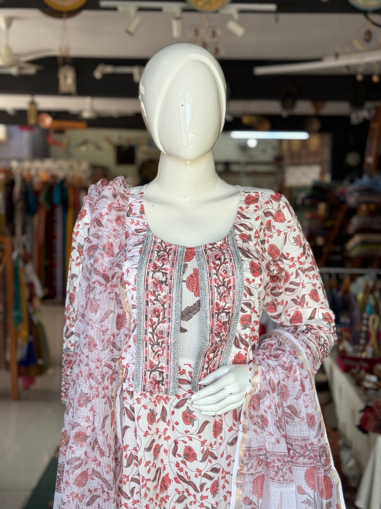 White hand block printed kalis Kurti with attached jacket, pants and dupatta - 3 piece set