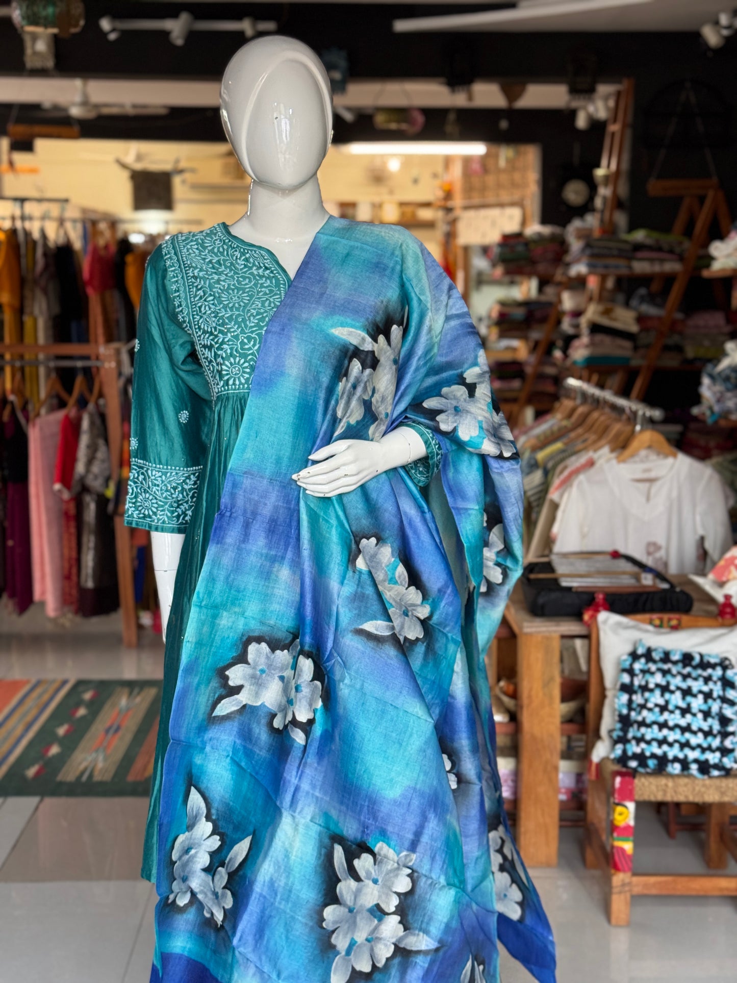 Shades of blue - hand painted tussar silk floral dupatta