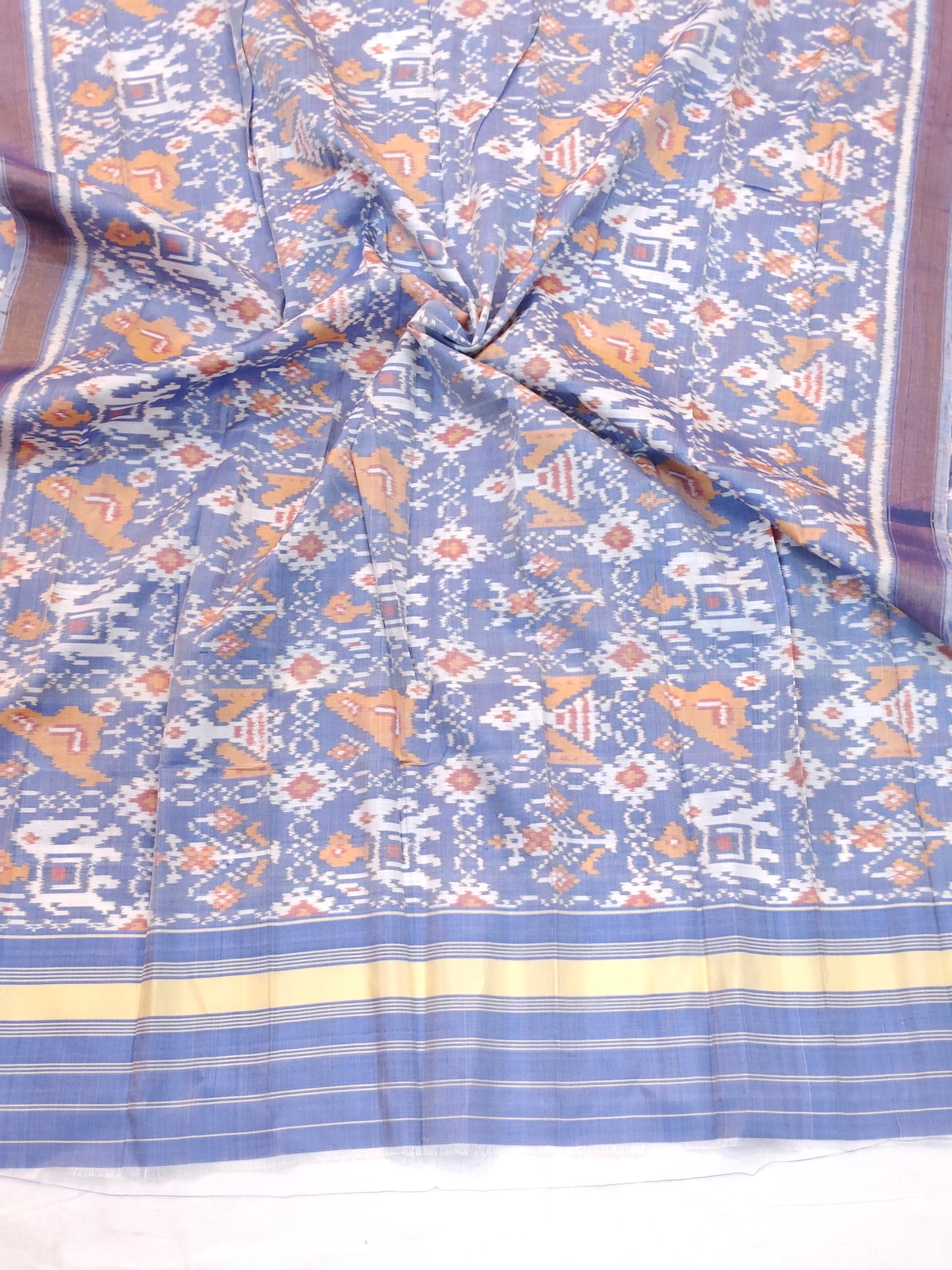 Light blue birds and elephants motifs handwoven mulberry silk ikat patola dupatta