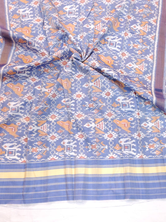 Light blue birds and elephants motifs handwoven mulberry silk ikat patola dupatta