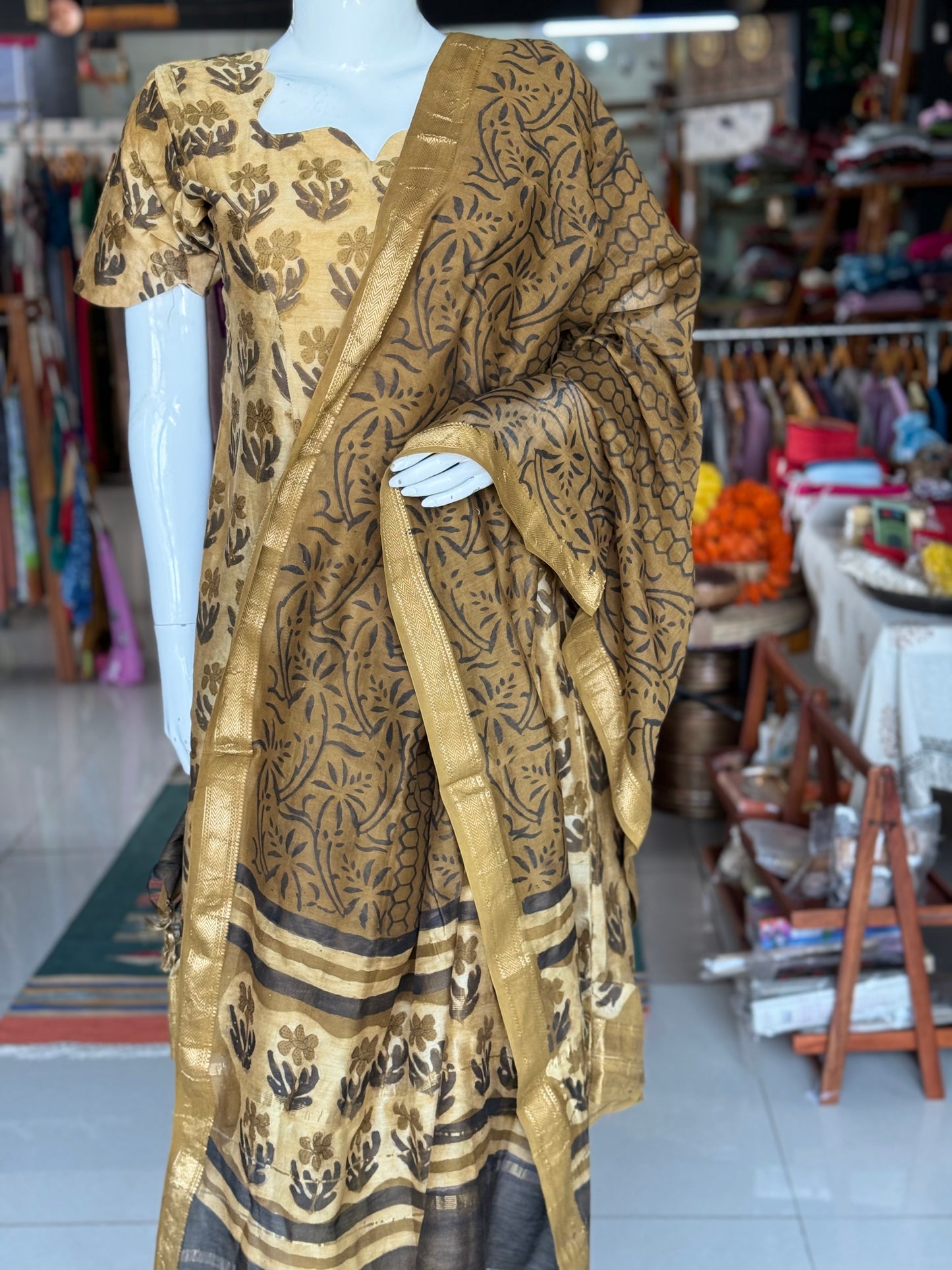 Olive green Vanaspati handblock printed Chanderi dupatta
