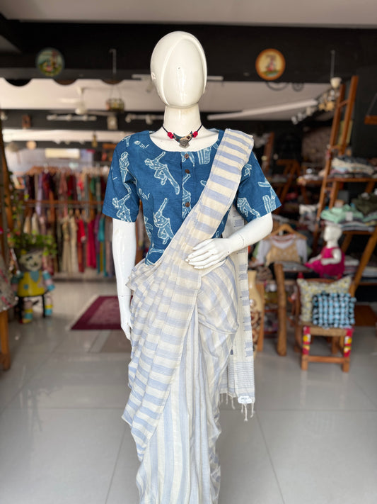 Off white handloom cotton saree with stripes body