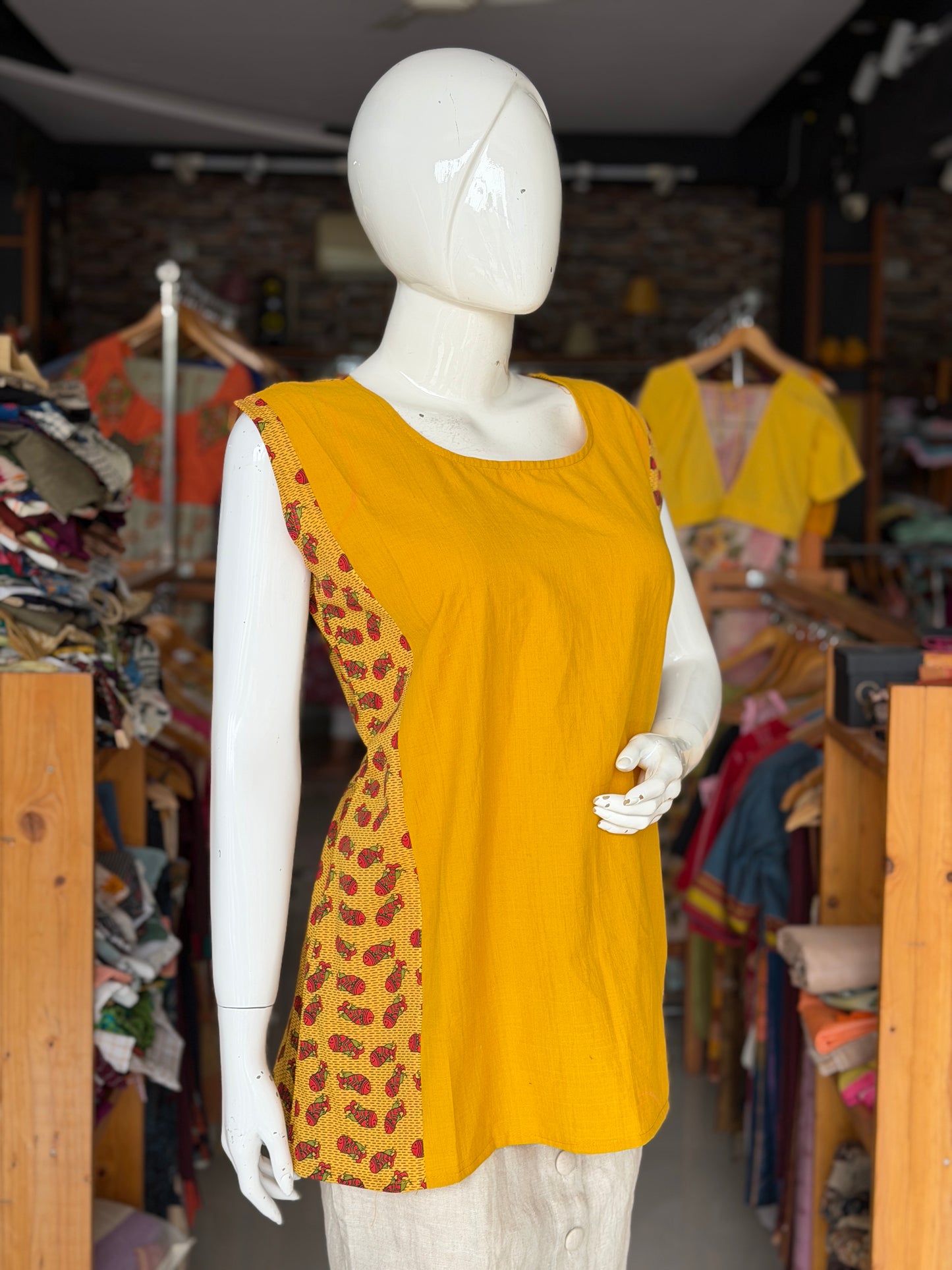 Handloom plain cotton center panel top with yellow fish hand block printed sides