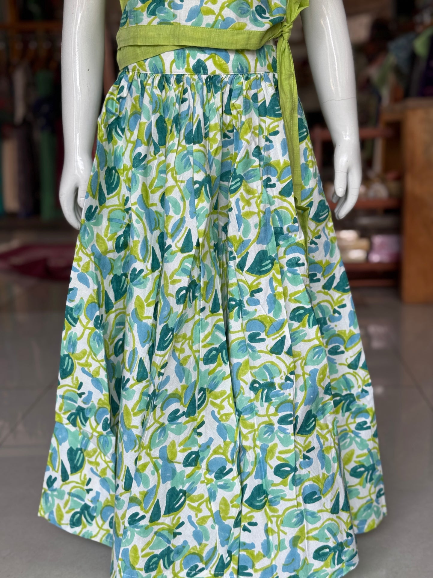 Blue green hand block printed cotton lehenga skirt and wrap top - 2 piece set for girls