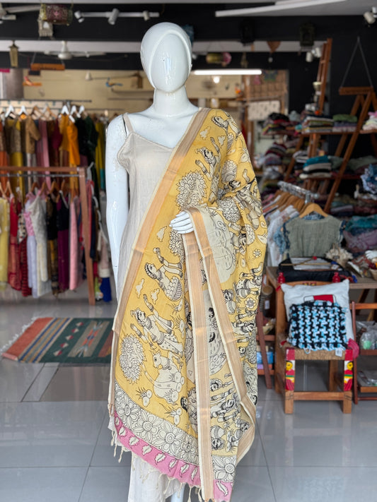 Bangalore Silk hand painted floral pen Kalamkari dupatta