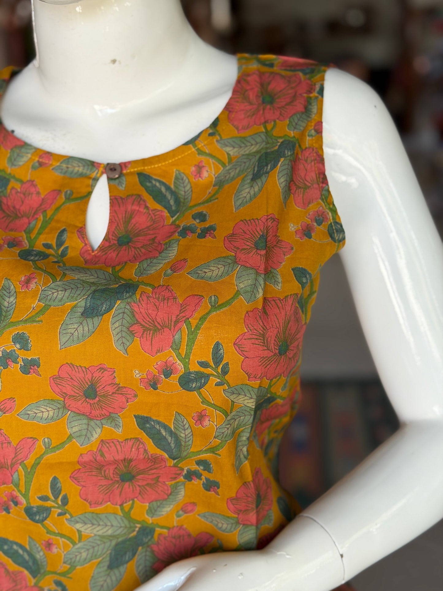 Mustard yellow cotton floral print sleeveless short top