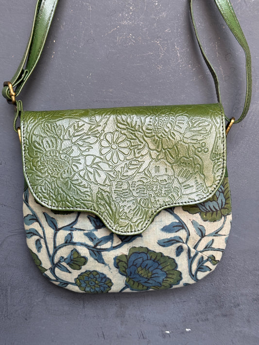 Hand crafted adjustable length sling bag - block printed fabric and embossed leather - multiple designs