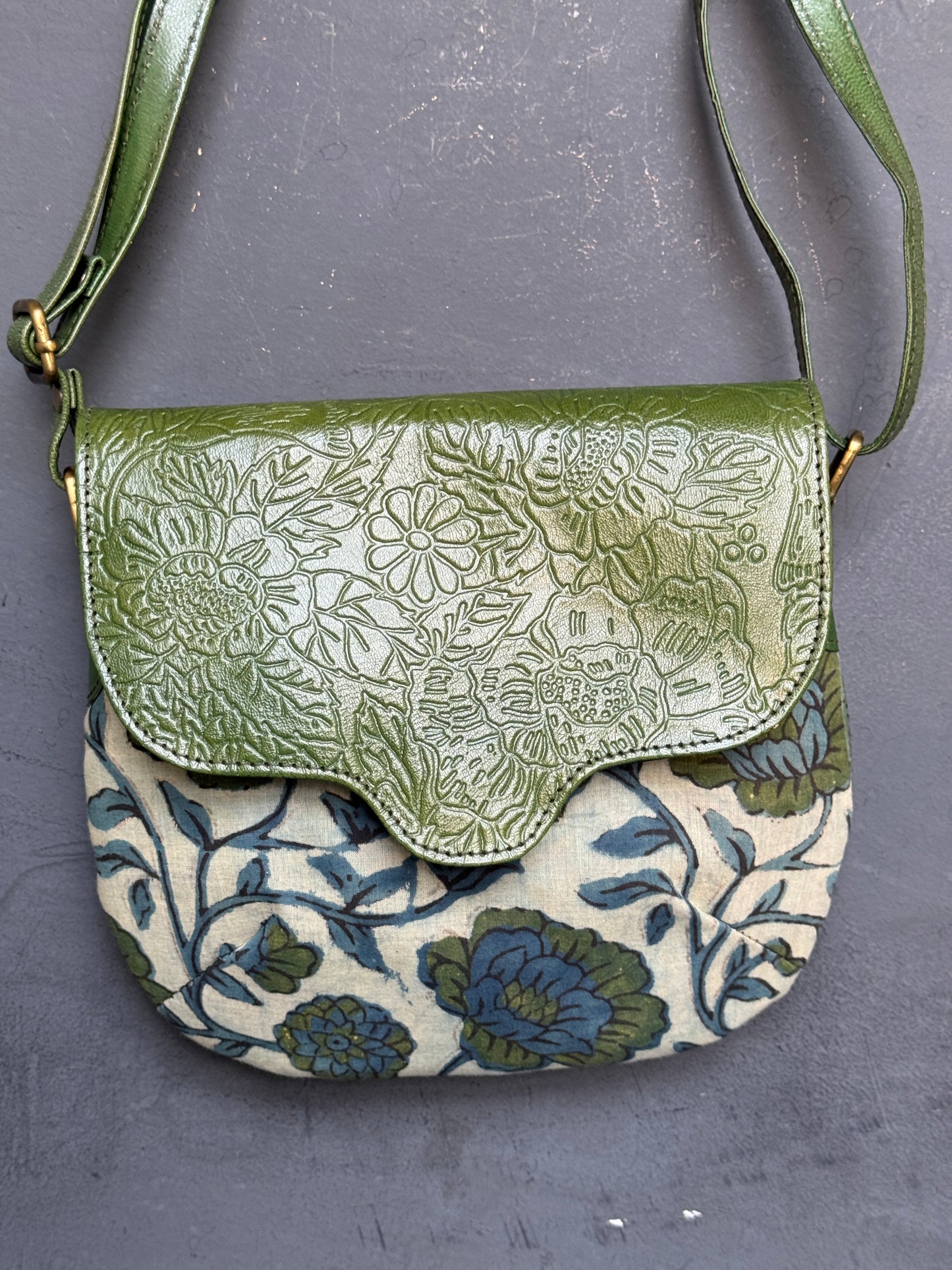 Hand crafted adjustable length sling bag - block printed fabric and embossed leather - multiple designs