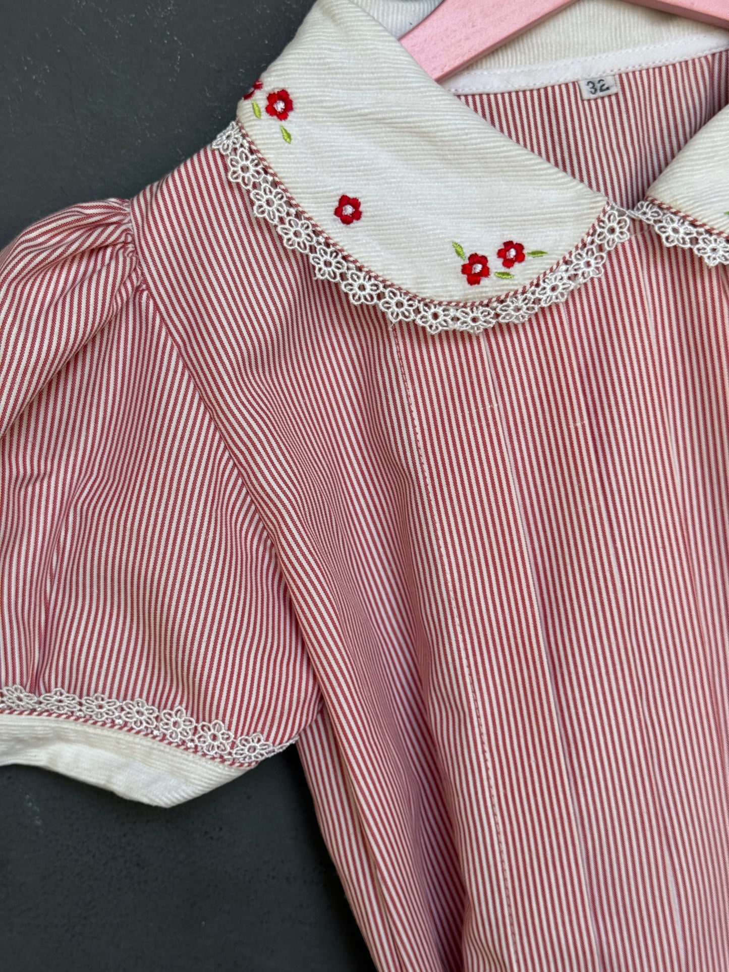 Red white stripes cotton embroidered frock with corduroy belt and collar