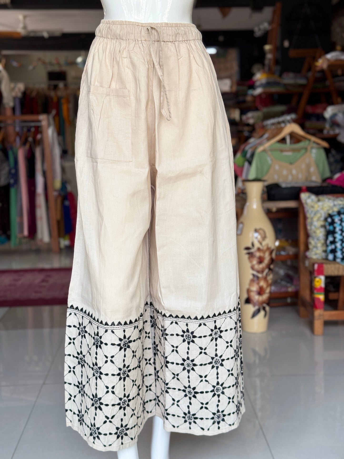 Kantha hand embroidered cotton poplin free size plazo with front pocket