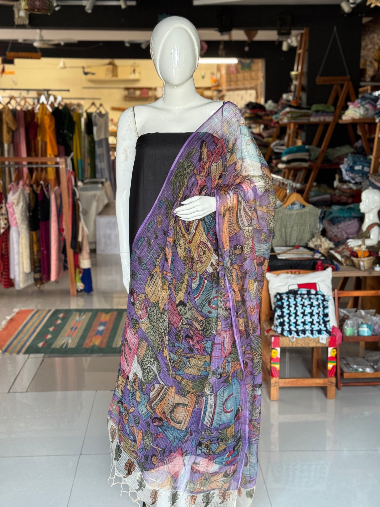 Lavender kota cotton dupatta with Pen Kalamkari hand painted design