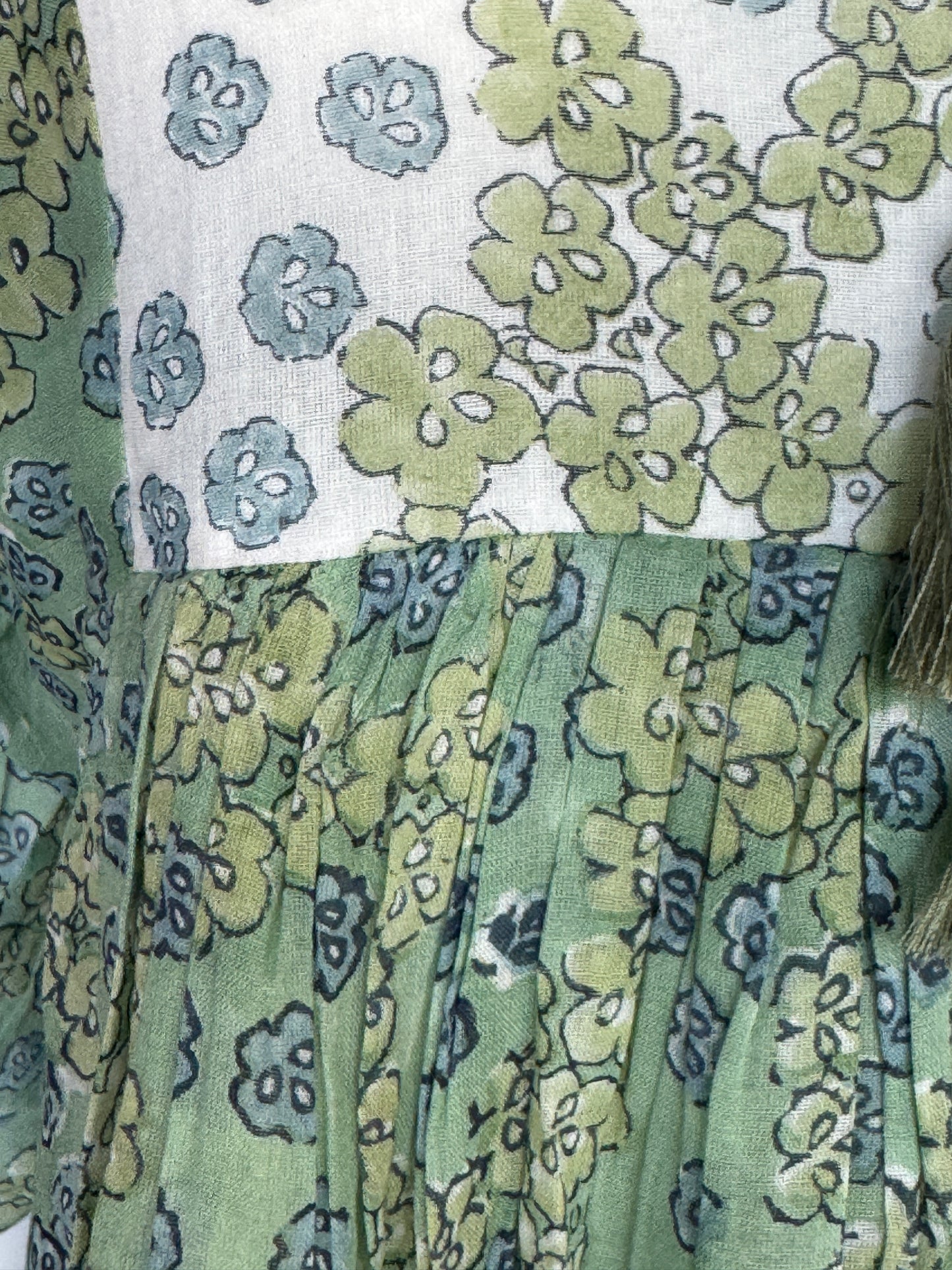 Green and white hand block printed soft cotton dress with fancy sleeves