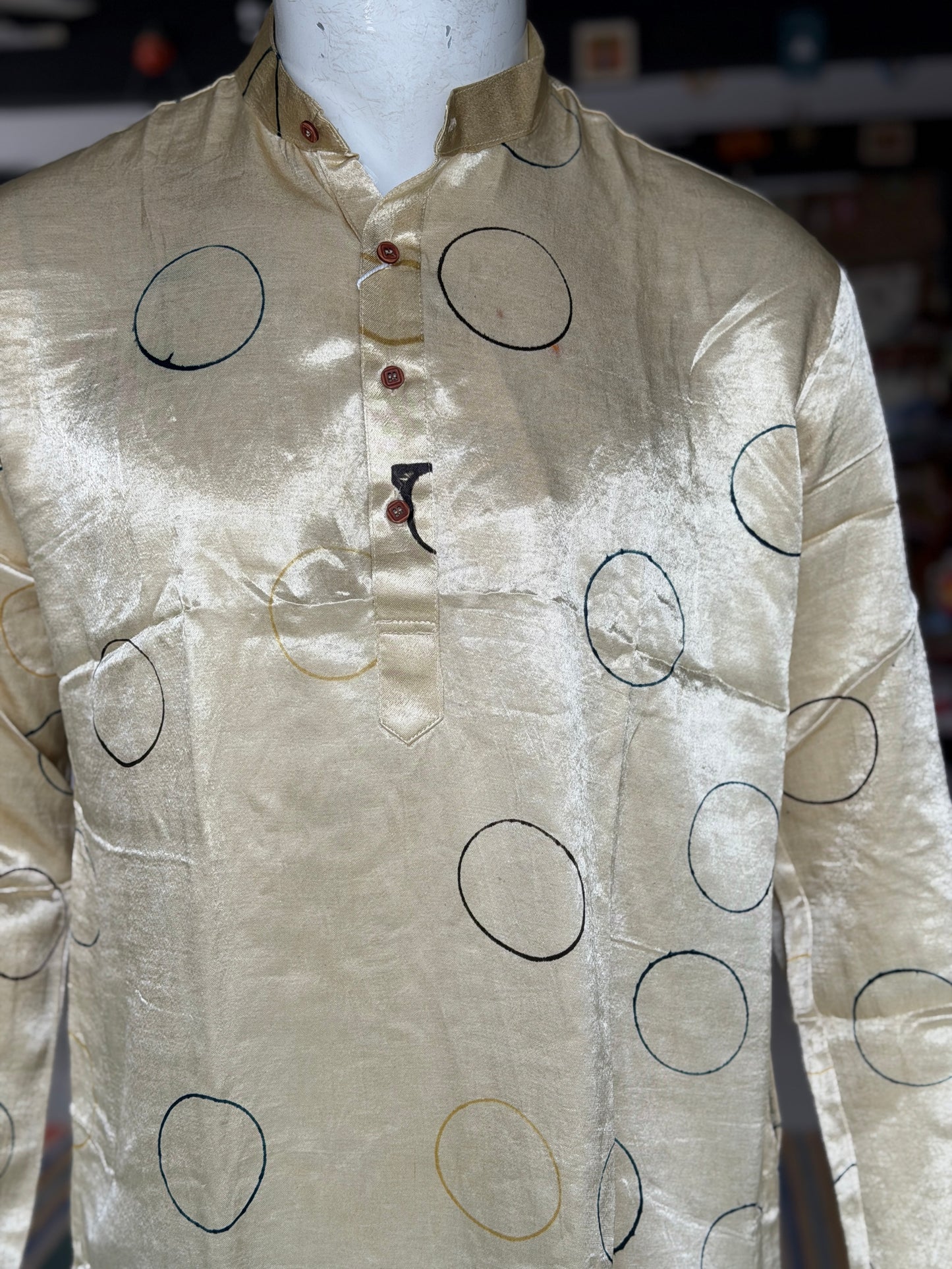 Beige circles hand block printed Ajrakh mashru long kurta for men