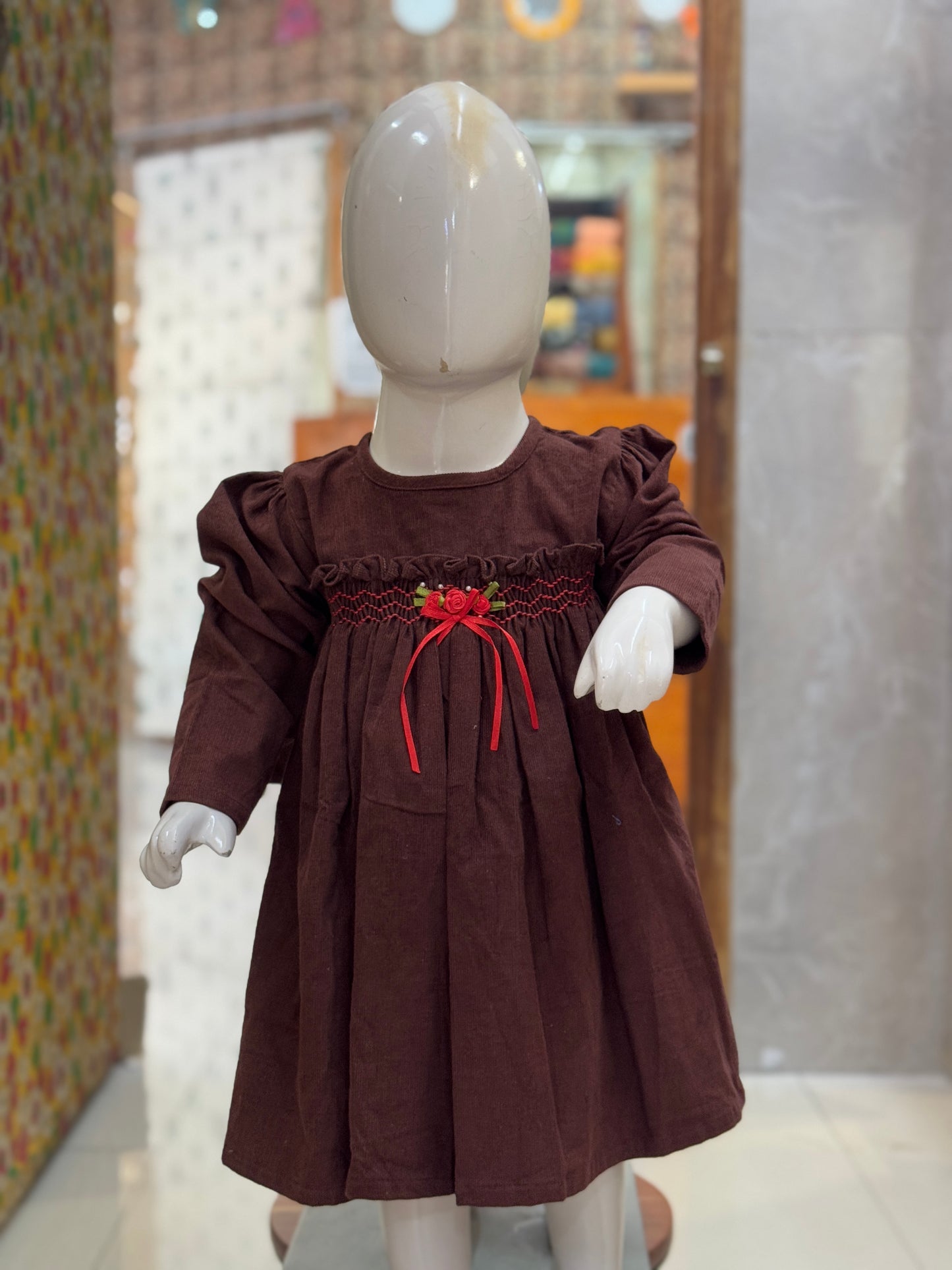 Corduroy soft frock with smocking embroidery