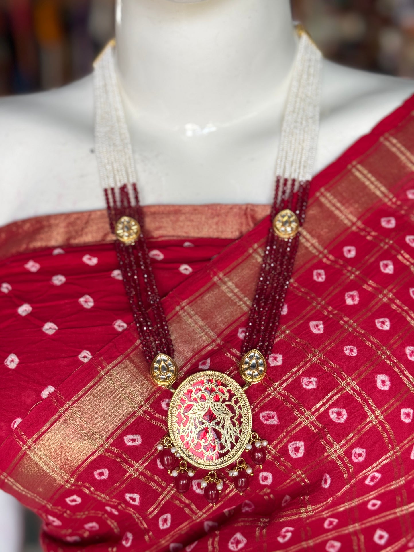 Red and gold Thewa neckpiece and earrings set