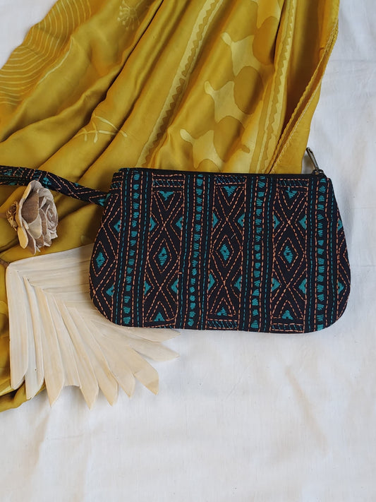 Kantha hand embroidered wristlet pouch - multiple colors and designs available