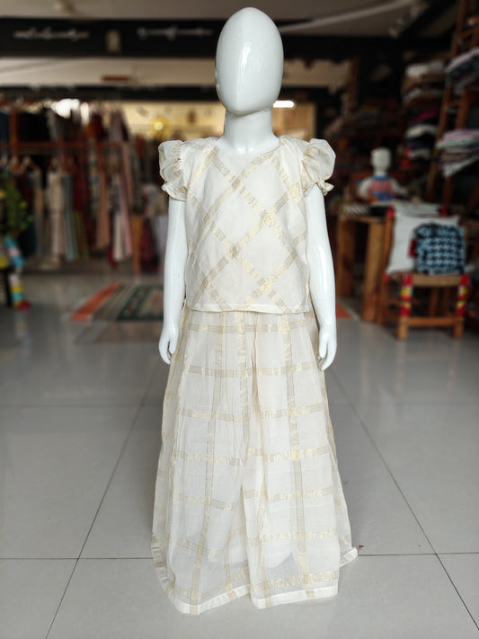 Off white Venkatagiri handwoven lehenga skirt and top - with Zari squares all over - coord set