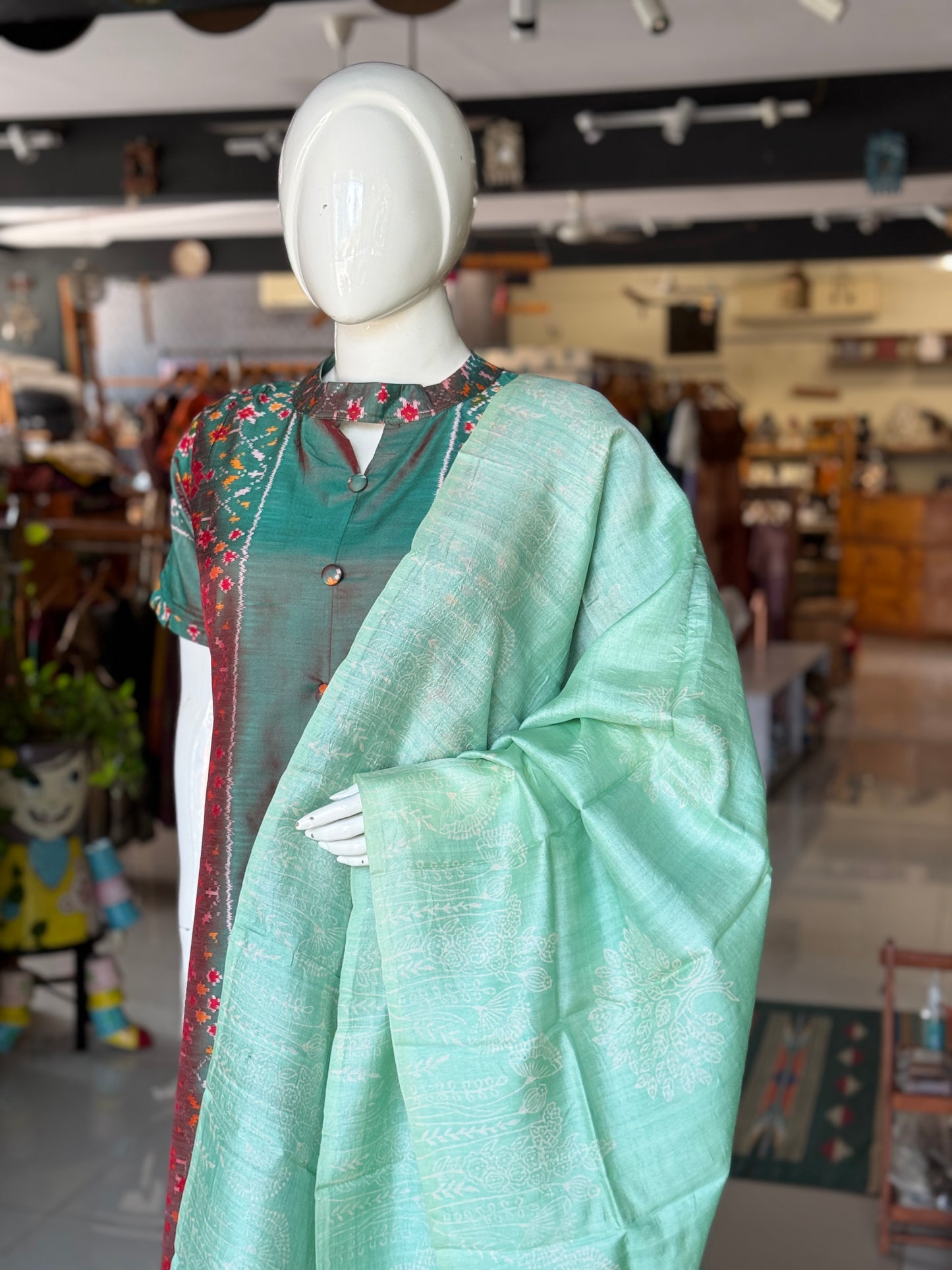 Pastel green - hand block printed tussar silk dupatta