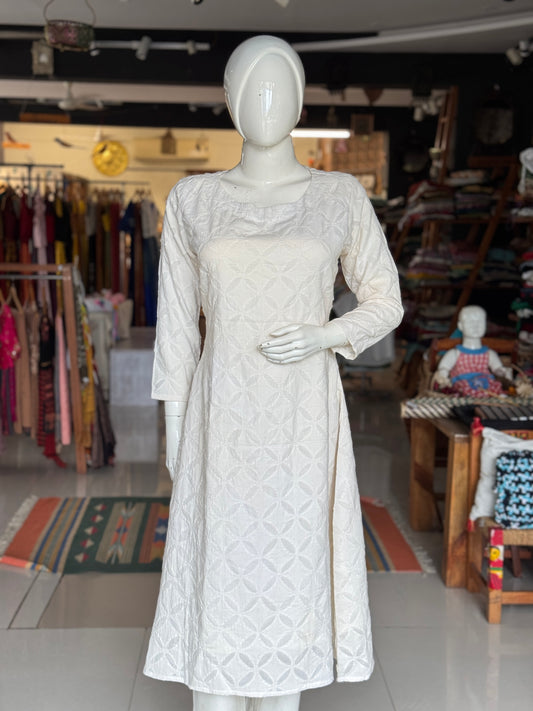 Off White appliq hand crafted cotton A-line kurti