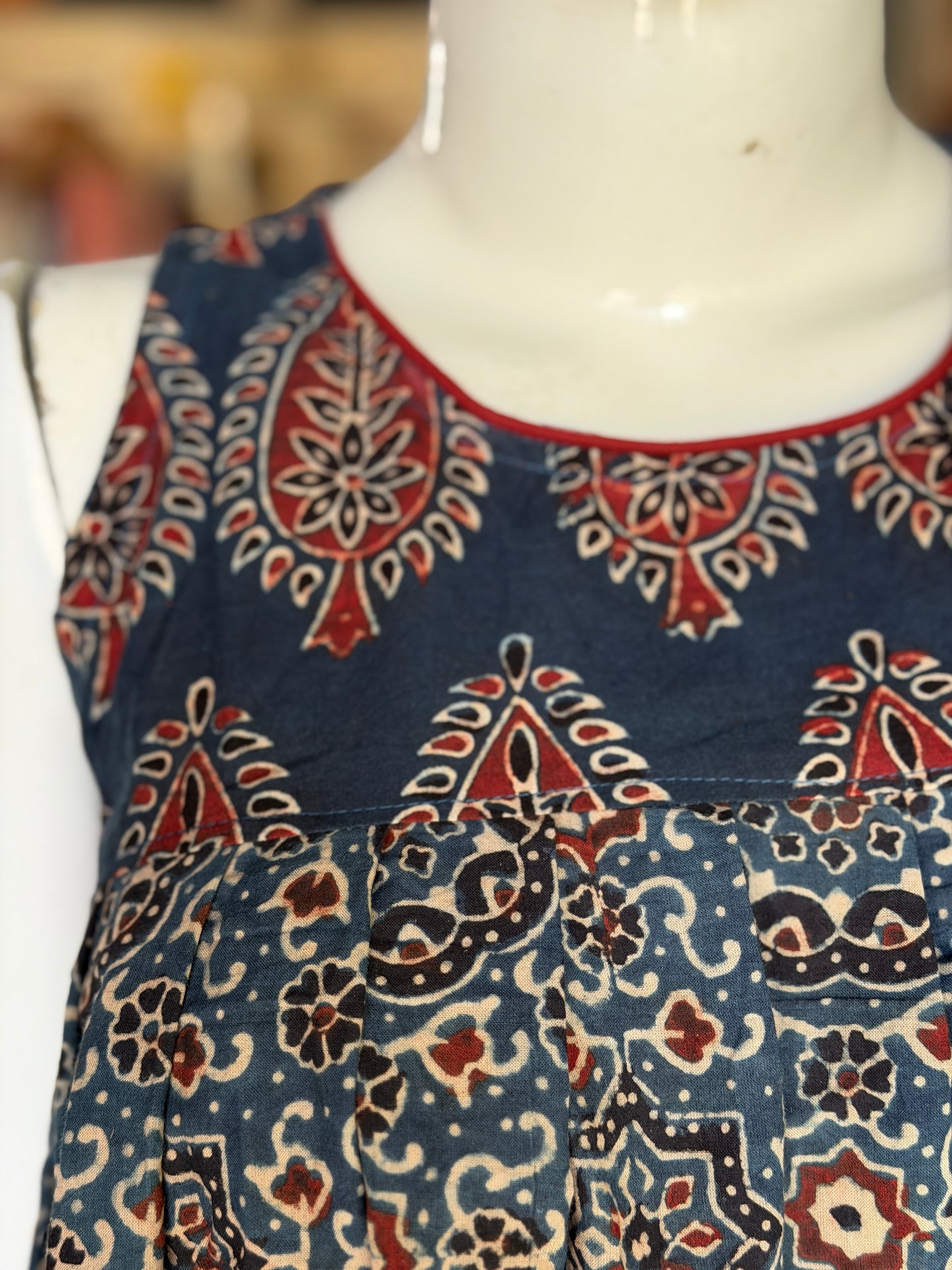 Ajrakh sleeveless hand block printed cotton short top with relaxed fit