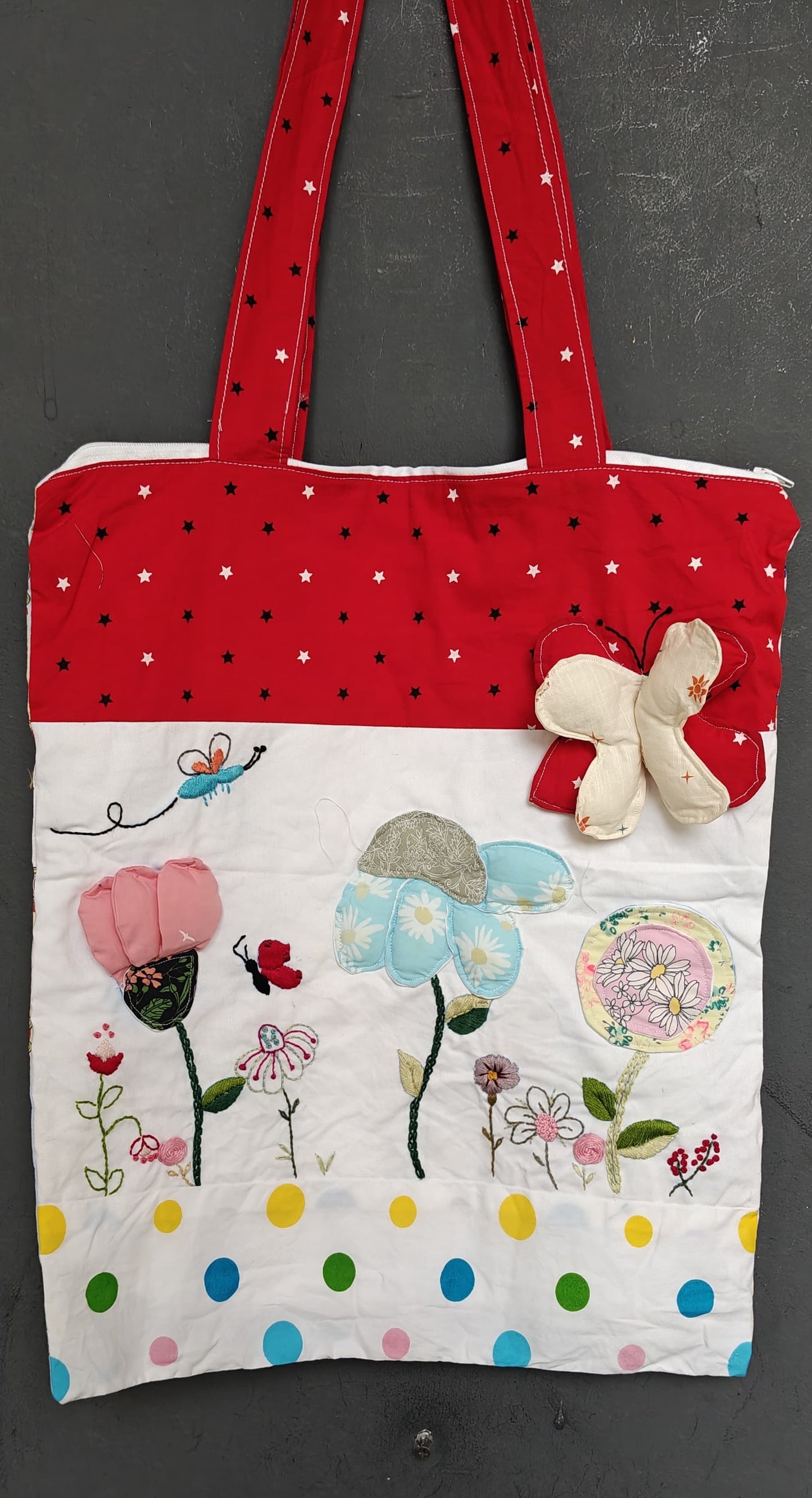 Fabric bag - patchwork hand crafted tote with flowers and butterflies