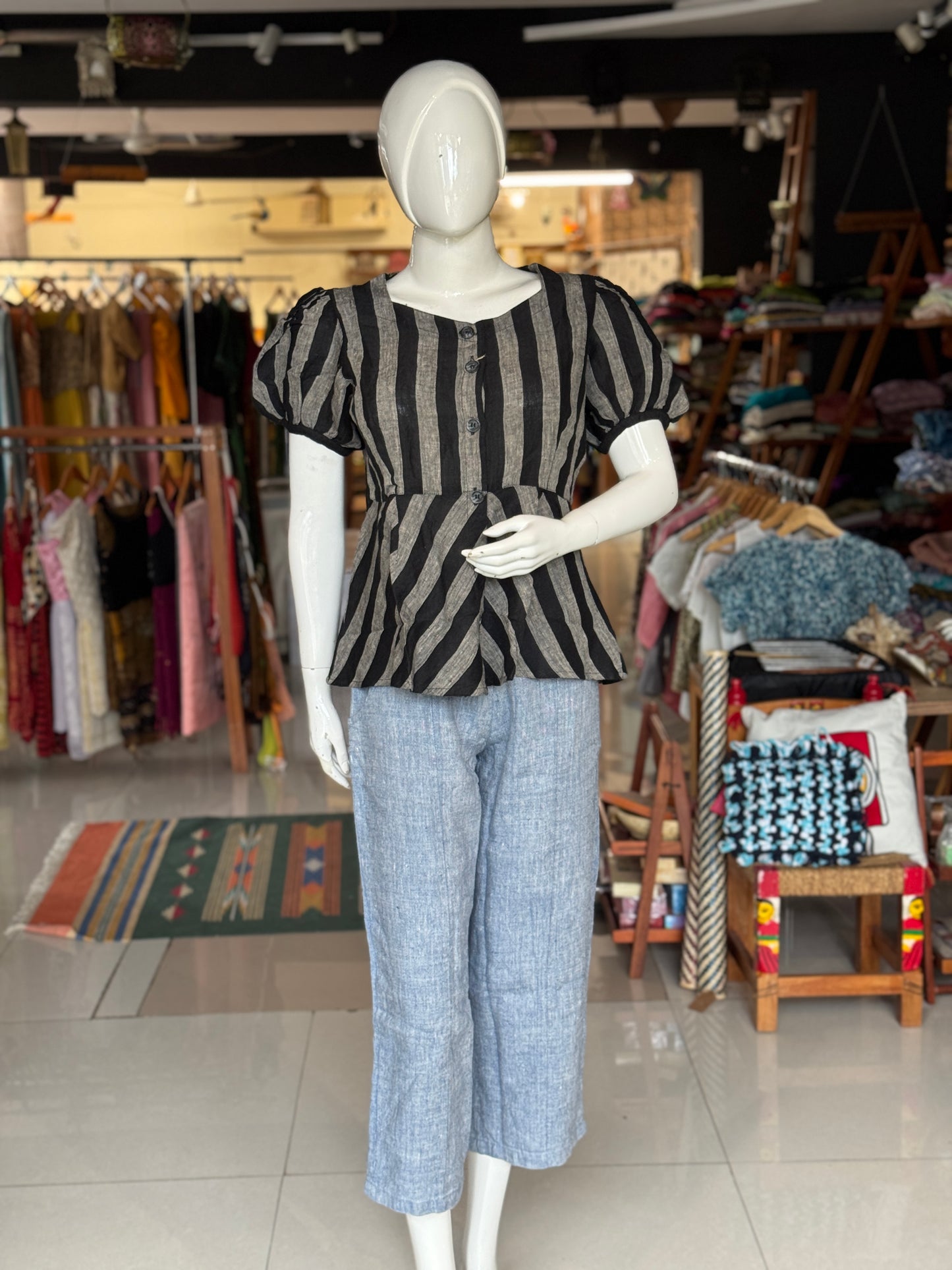 Black and grey stripes linen hand woven peplum top with puff sleeves