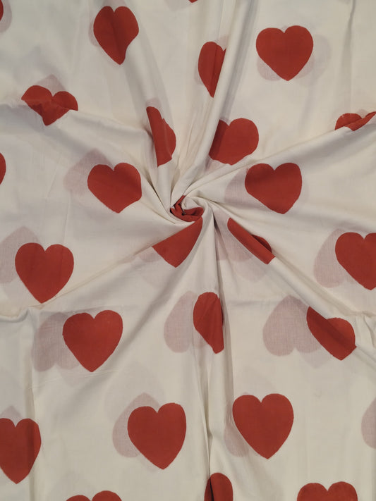 Flying hearts - White and red hand block print soft cotton fabric