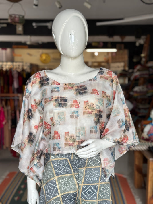 Digital printed geometric design mixed cotton kaftan crop top / blouse