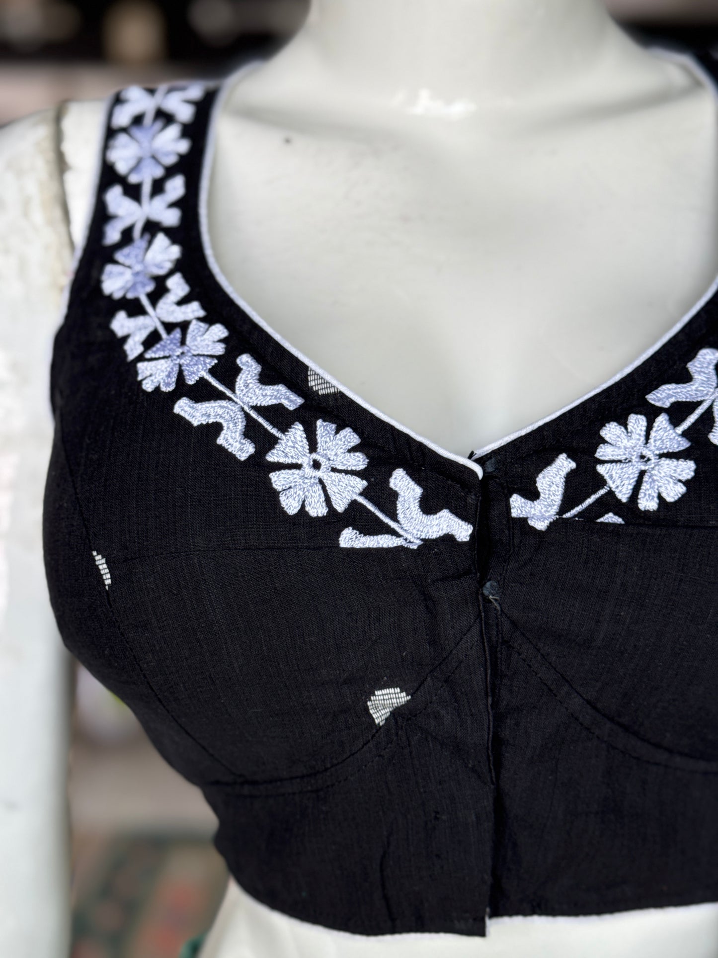 Embroidered neckline princess cut cotton sleeveless blouse - multiple colors available