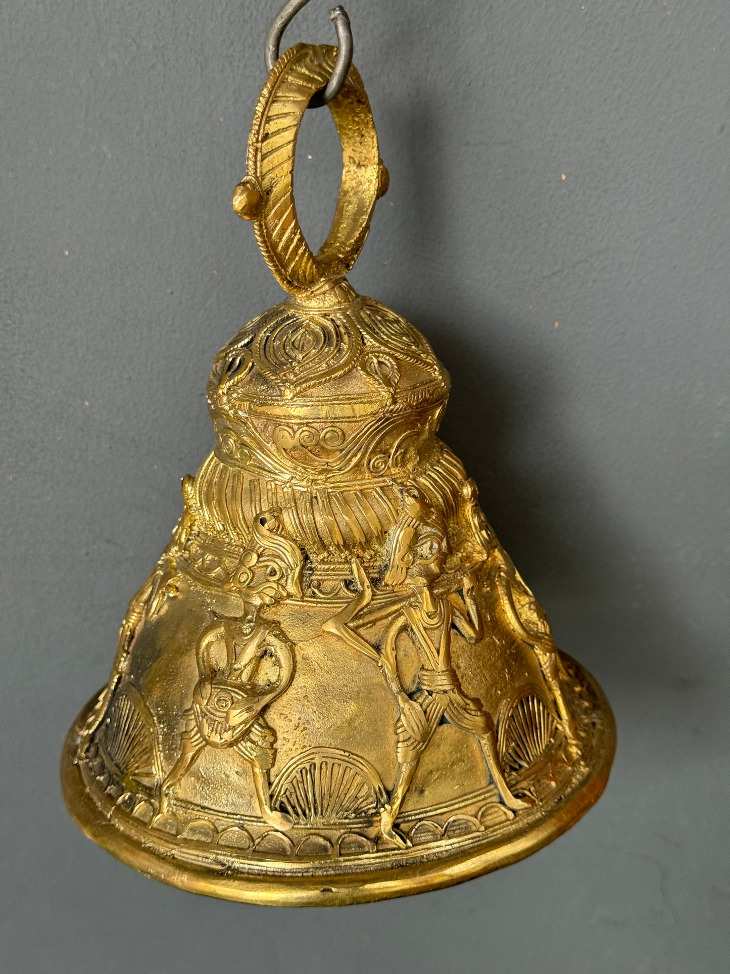 Big hanging bell with tribal life design - brass dokra hand crafted decor