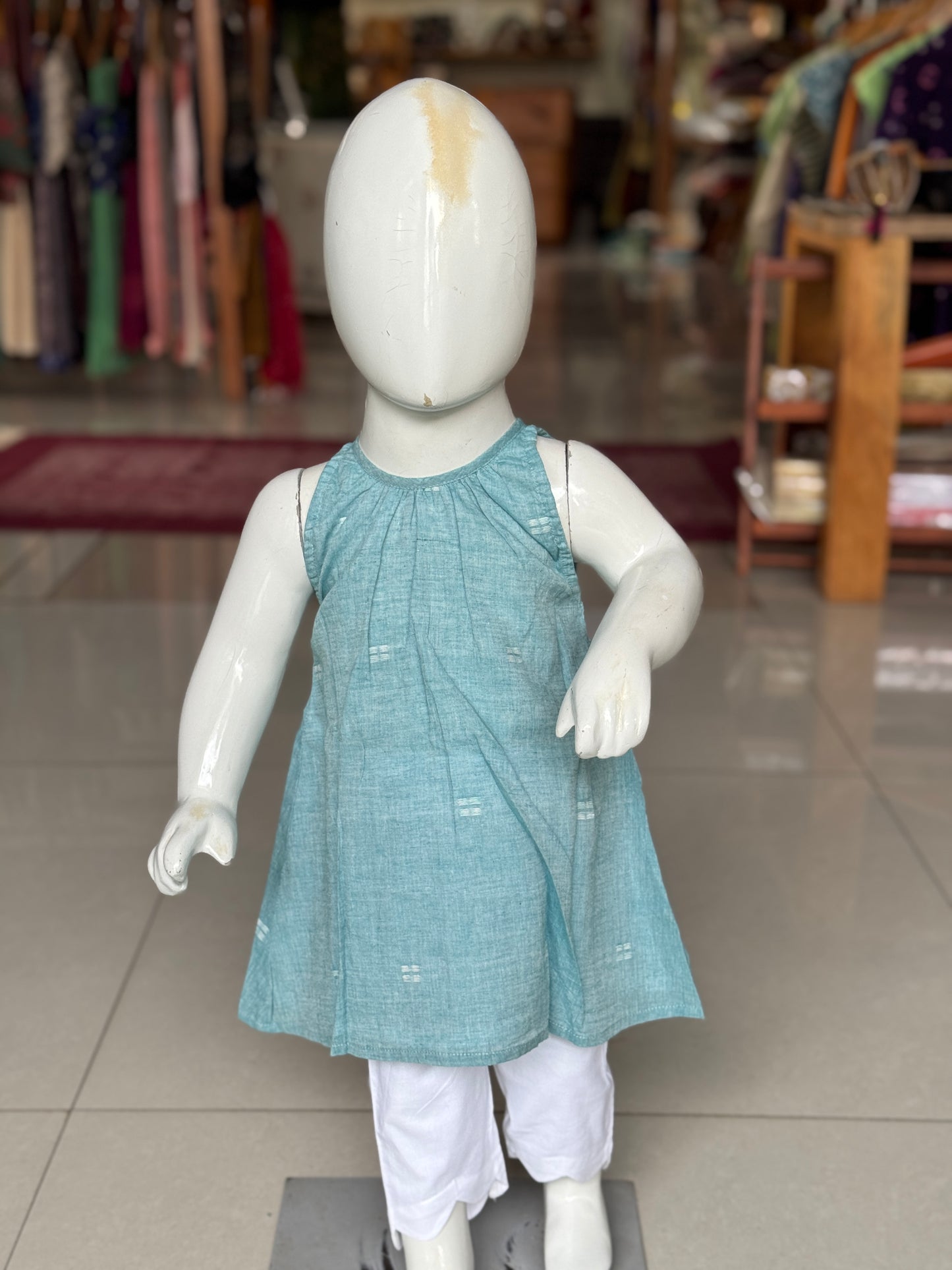 Light blue jamdani hand woven cotton top with white scallop pants - 2 piece set