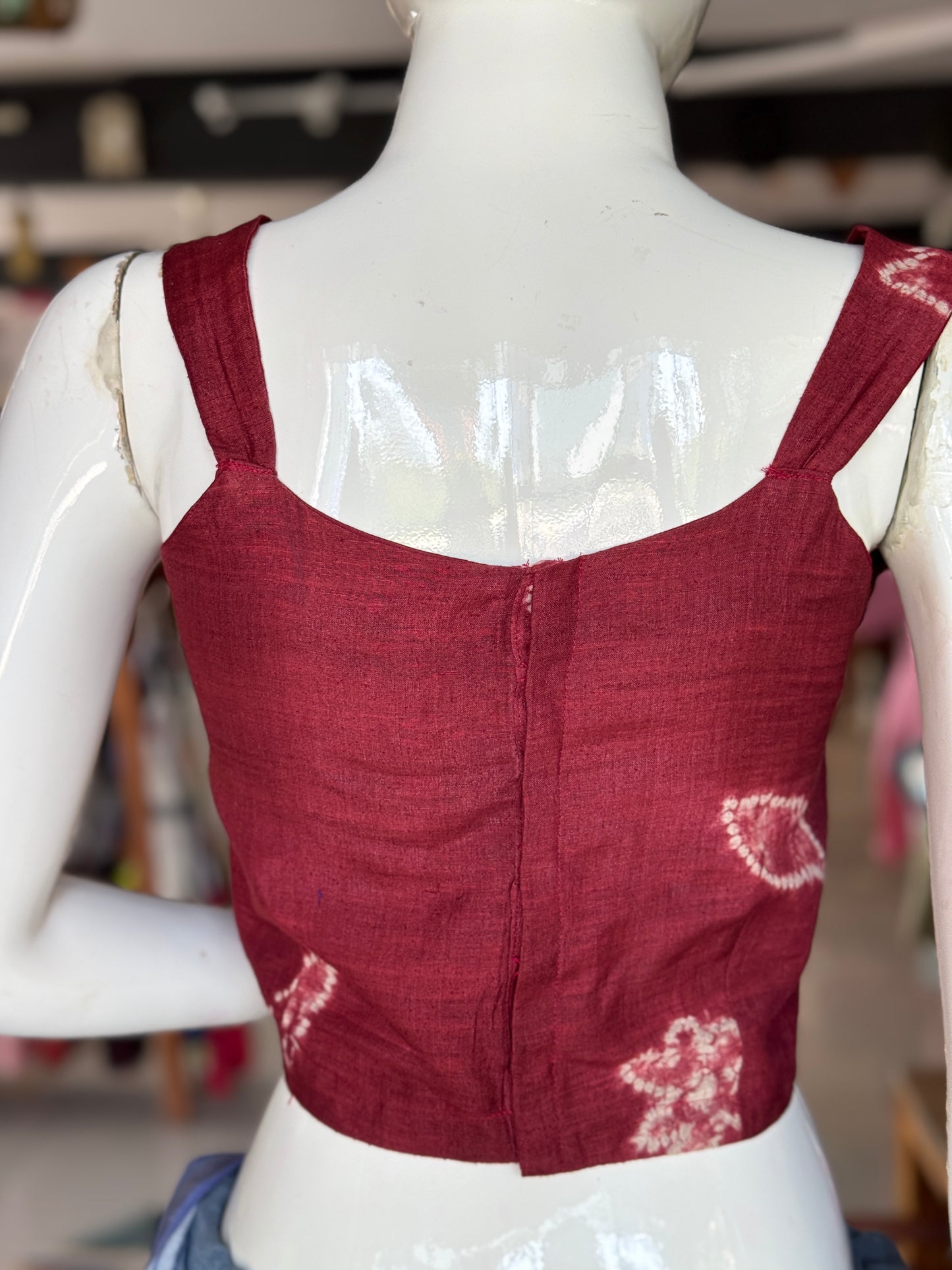 Maroon needle tie n dye shibori silk blouse with strap sleeves