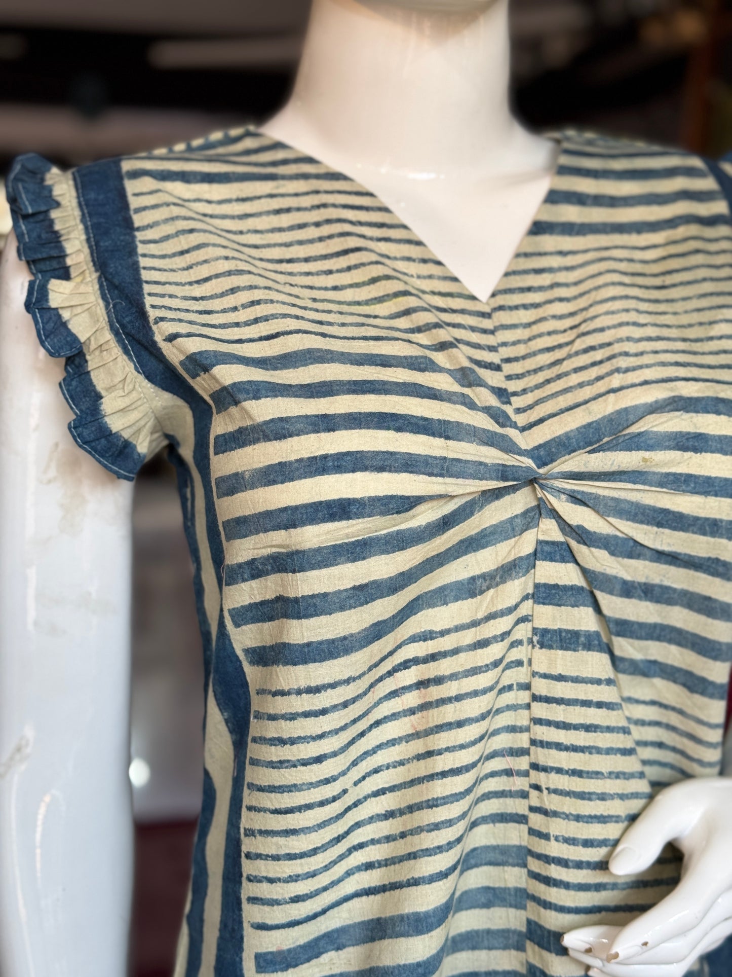 Stripes n checks hand block printed cotton top with twisted front