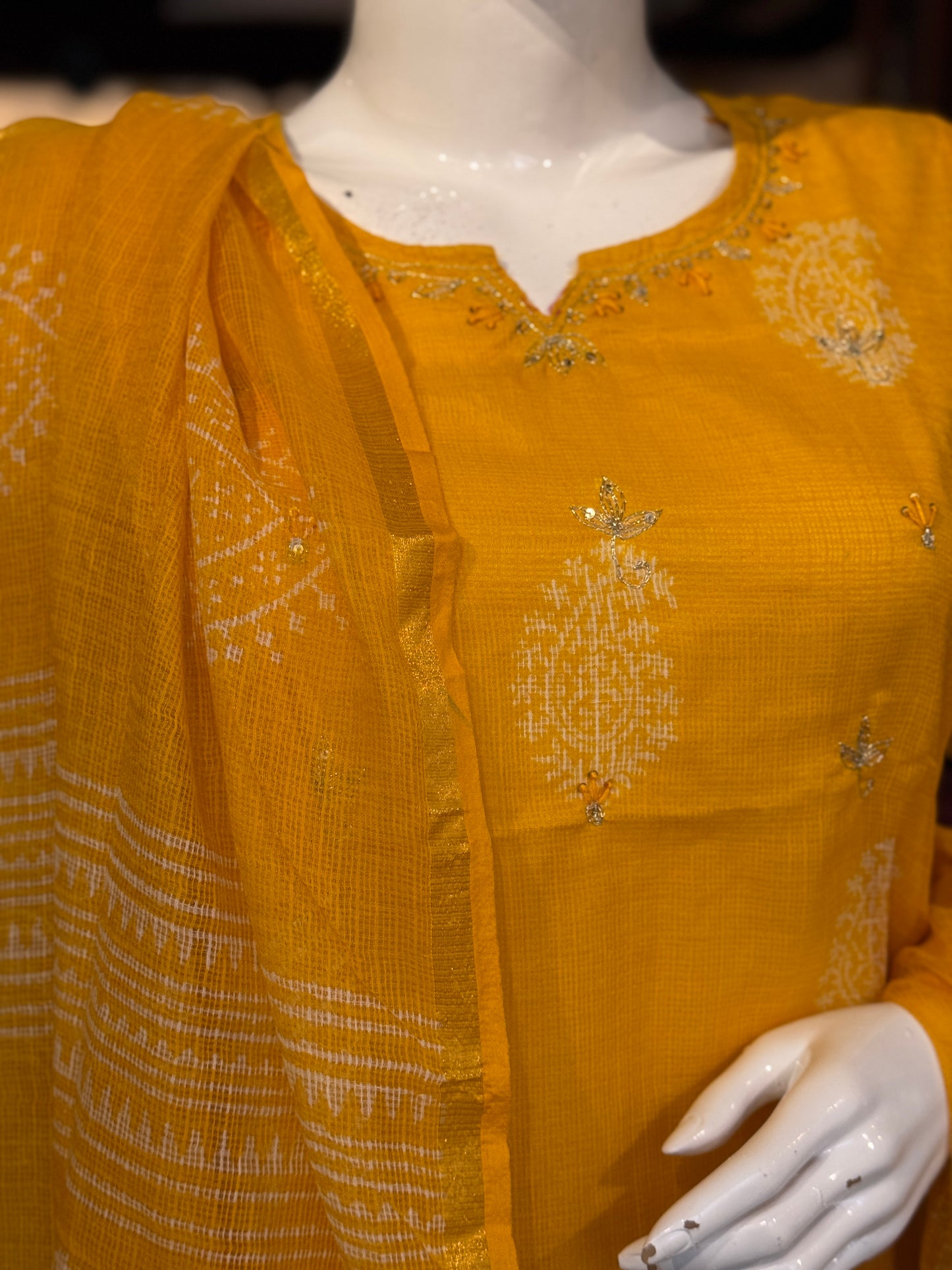 Marigold hand block printed kota cotton straight kurti, pants and dupatta set - with hand embroidery