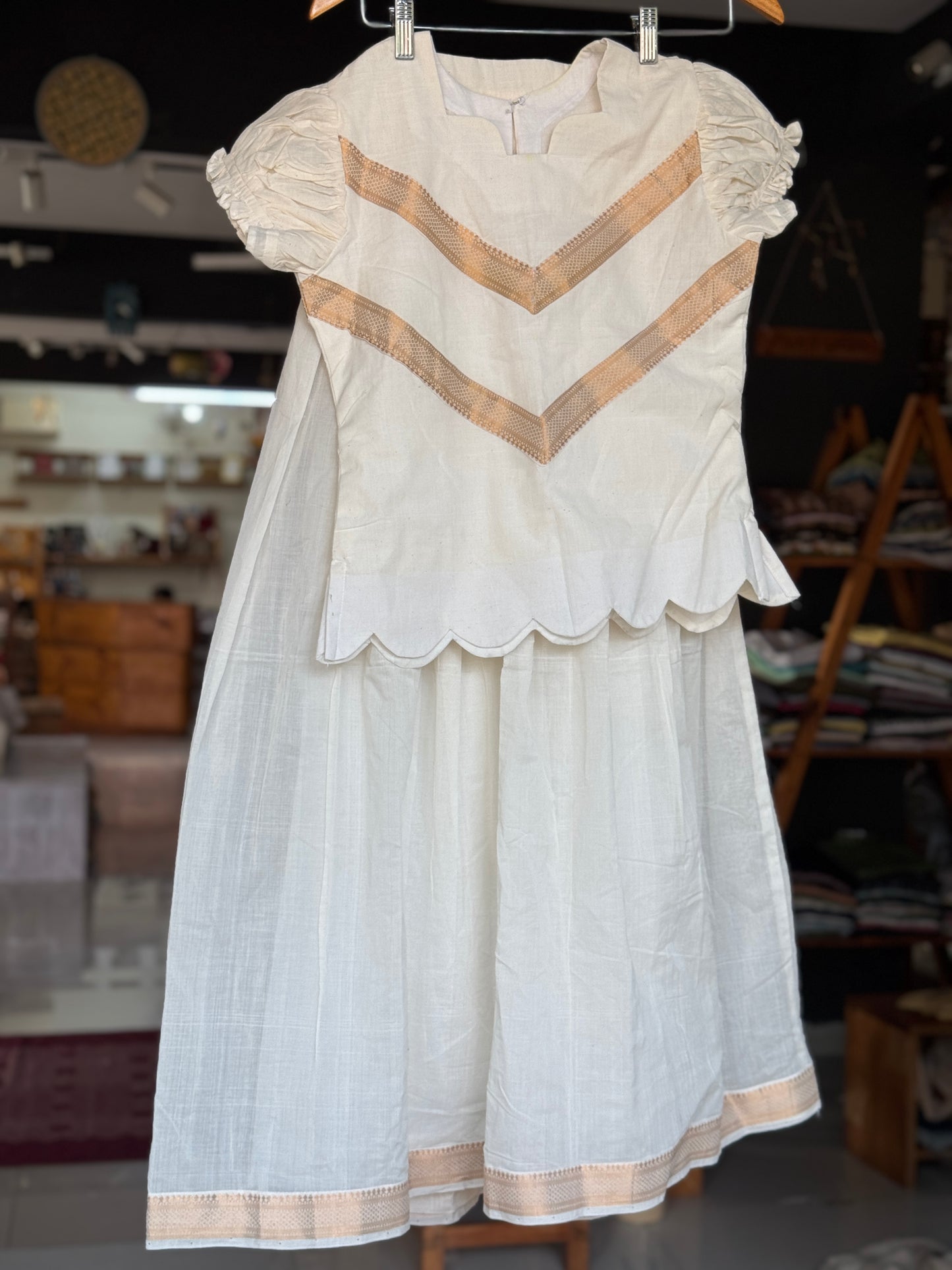 Off white Mangalagiri handwoven lehenga skirt and top - Nizam zari border coord set