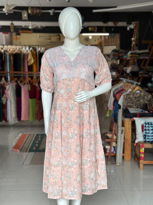 Peach floral hand block printed soft cotton dress with white kota cotton overlay