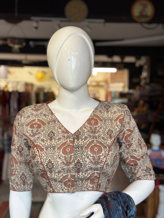 Beige n brown floral natural dyed, handwoven cotton blouse with piping details and lining