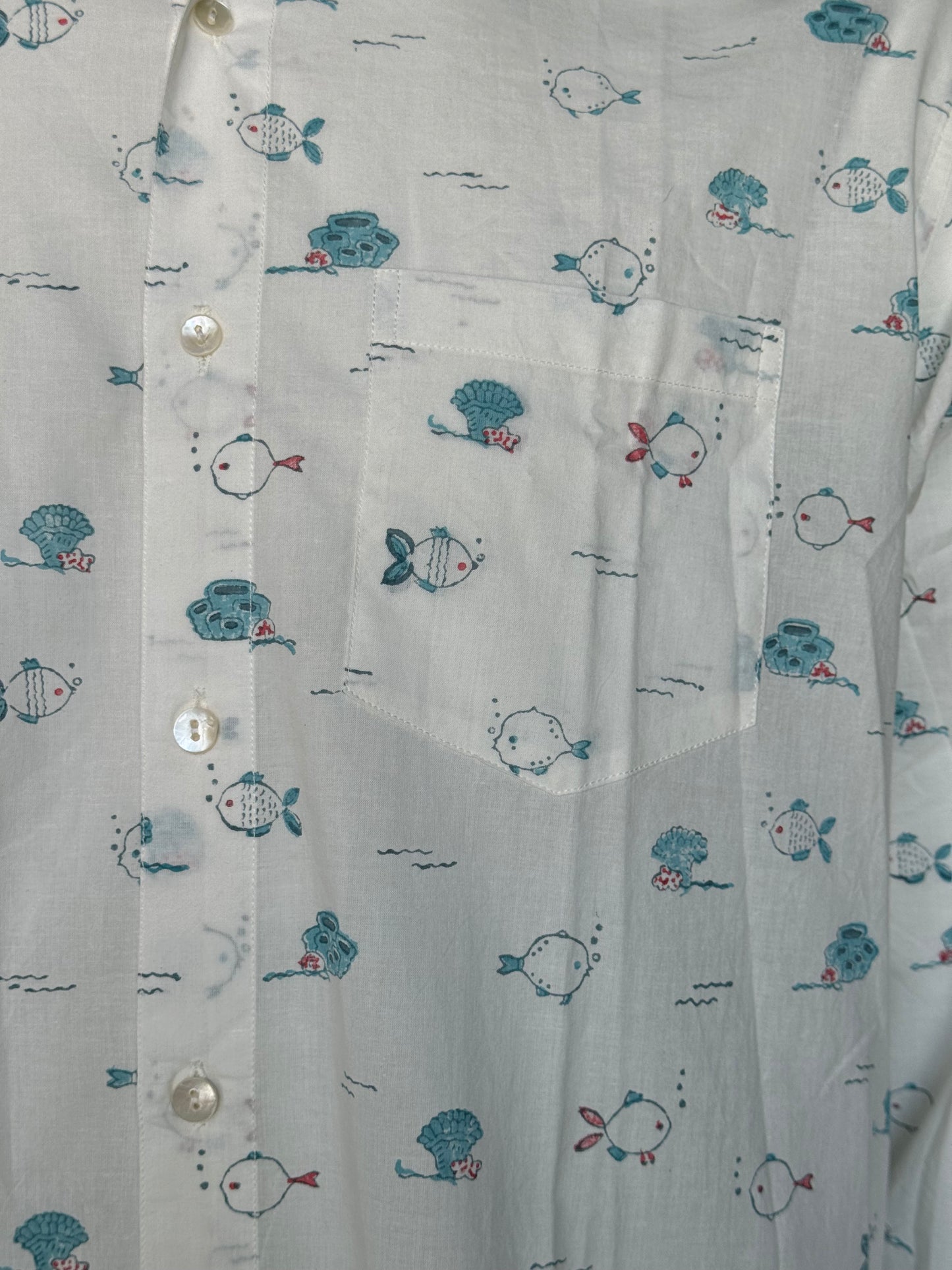 Fish print white full sleeves mens hand block printed band collared cotton shirt