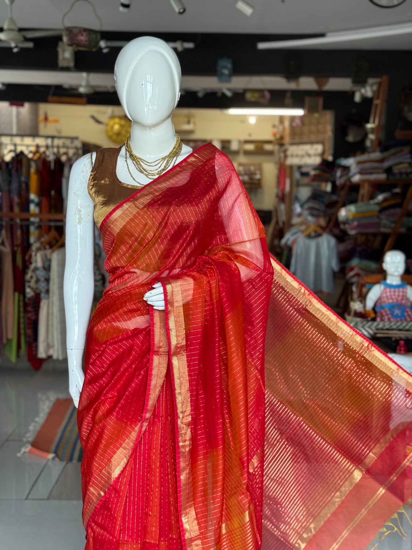 Red n orange all over stripes silk cotton Maheshwari handloom saree