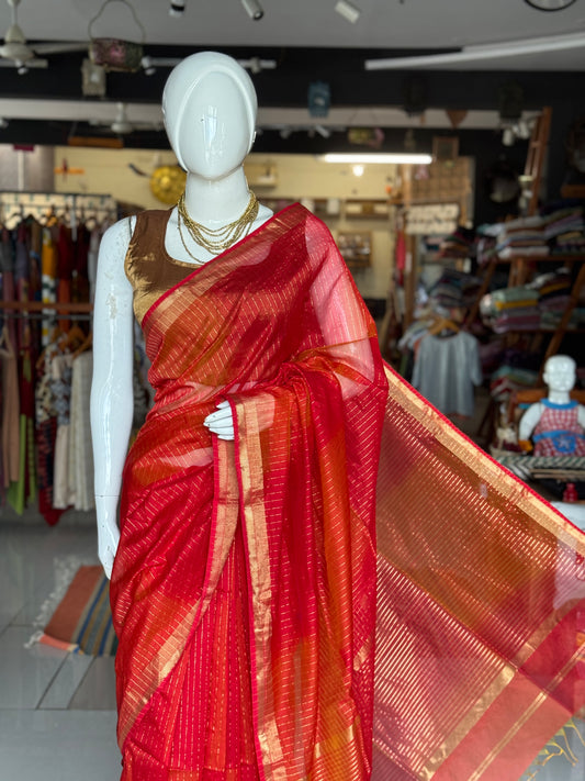 Red n orange all over stripes silk cotton Maheshwari handloom saree
